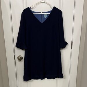 CeCe Navy V-Neck dress with Ruffle Sleeves
